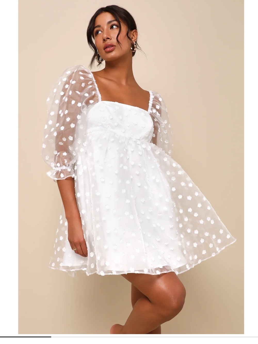 Lulus Effervescent Charm White Organza Floral Babydoll Puff Sleeve Mini Dress - Picture 3 of 14